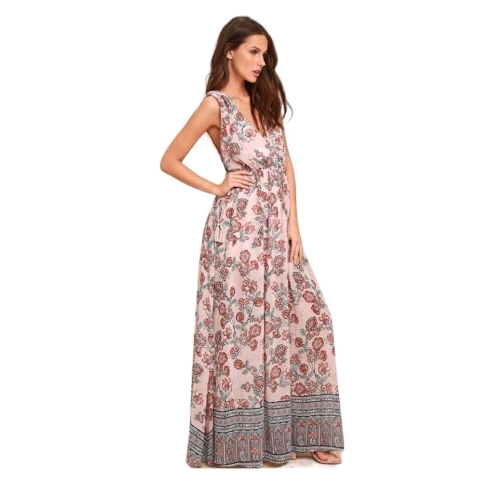 Lulu's Wings of Fancy Pink Floral Maxi Dress Sleeves, Boho Size L Soft Girl
